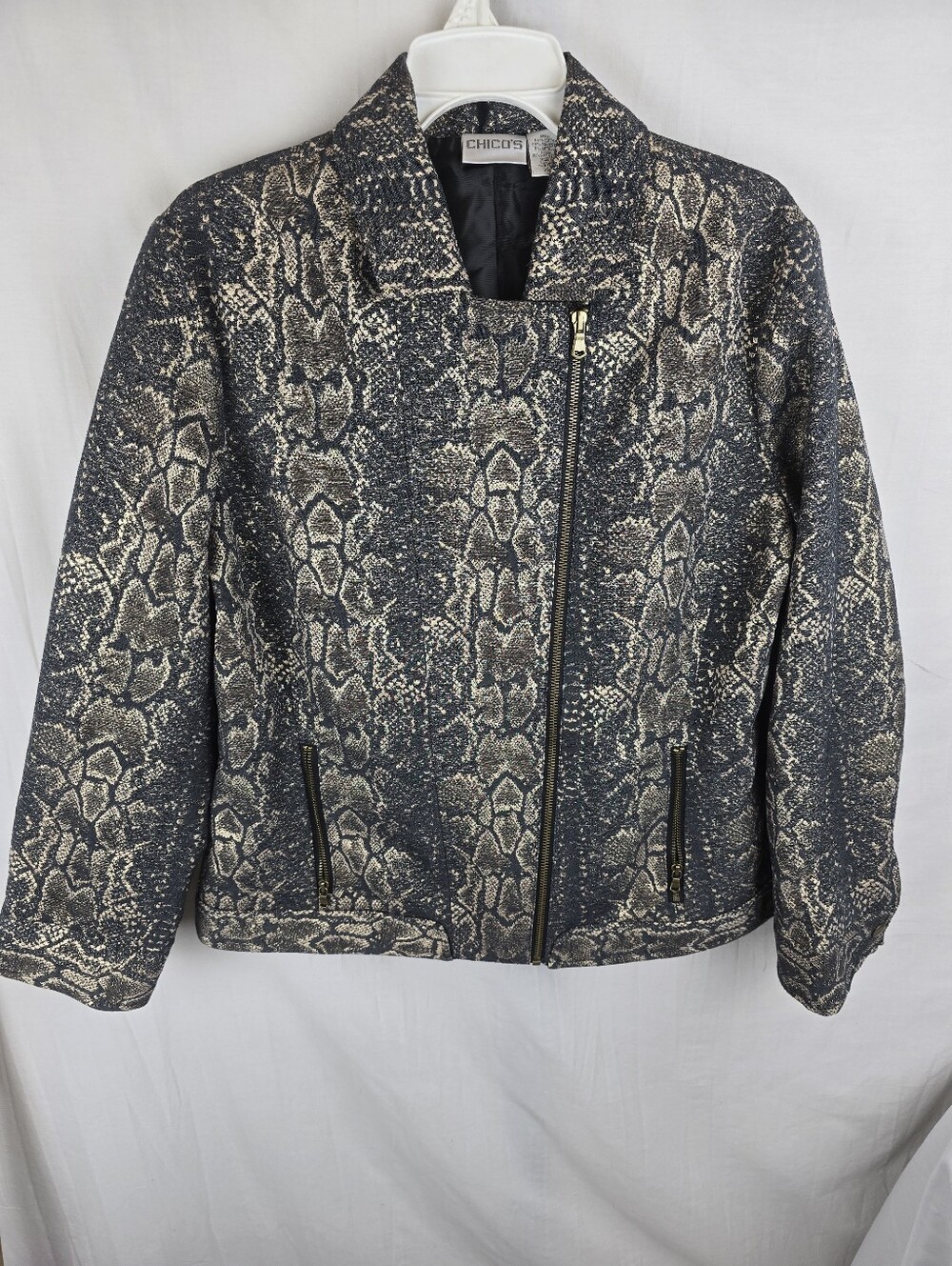 Chico's Metallic Black & Gold Snake-Print Moto Long Sleeve Jacket Sz Chico's 2/L
